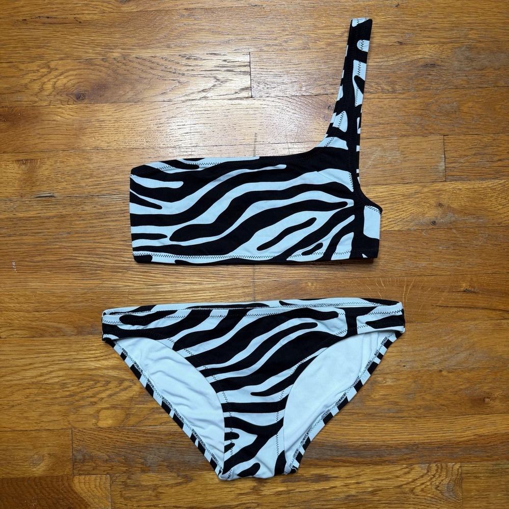 Proenza Schouler Womens 2Pc One-Shoulder Bikini Set S Zebra Print Blue Black